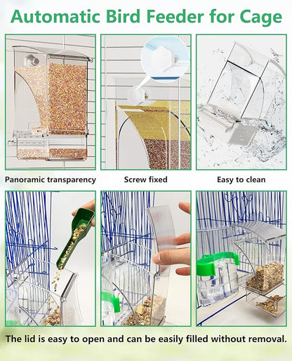 Hamiledyi No Mess Bird Feeder Automatic Transparent Acrylic Parrot Seed Food Container with Perch Bird Cage Accessories for Parakeet Finch Lovebirds Budgies Canary