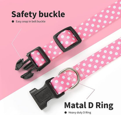 Mile High Life Dog Collar | Cute Puppy Collars | Lightweight Girl Dog Collar | Soft Boy Dog Collars | w Geometric Plaid Wave Line Pattern (Pink Dots, Small)