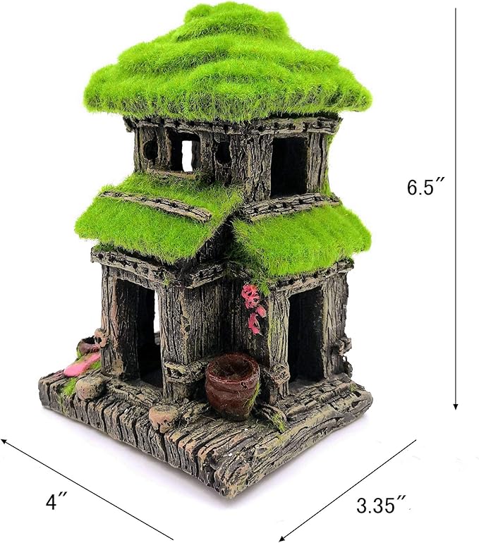 M2cbridge Aquarium Decorations Fish Hideout House Betta Cave with Green Lifelike Moss (Style 3)