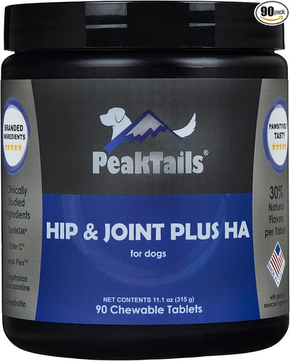 Kala Health PeakTails Hip & Joint Plus HA for Dogs  90 Tablets, Glucosamine, Chondroitin, OptiMSM, Vitamin C & Hyaluronic Acid  Supports Joint Mobility & Comfort