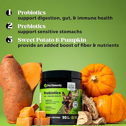 Pet Honesty Probiotics for Dogs for Occasional Diarrhea & Bowel Support, Digestive Enzymes with Prebiotics for Gut Health for Dogs, Immunity Health & Itch Relief (Pumpkin 90 ct)
