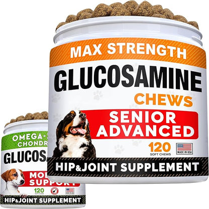 Senior Advanced Glucosamine Joint Supplement + Glucosamine Treats for Dogs Bundle - Hip & Joint Pain Relief + Advanced Mobility - Omega-3 Fish Oil, Chondroitin, MSM - Small + Large Breeds - 240 Chews