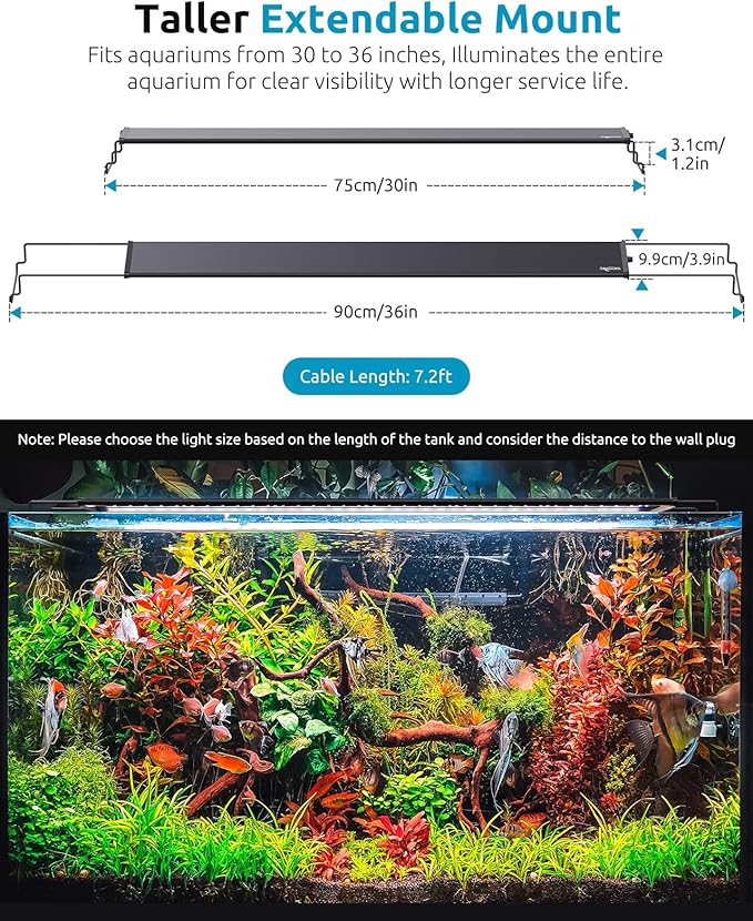 SEAOURA LED Aquarium Plant Light, 24/7 Custom Timer, Power-Off Memory, 7-Row LEDs 30-36in Full Spectrum Fish Tank Lights, 8 Colors, 20 Brightness, Day & Night Cycle, Adjustable Mount for Freshwater