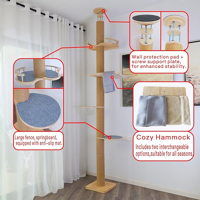 Floor-to-Ceiling Cat Tree with Natural Sisal Rope Scratching Post - Adjustable Height (55-119 Inches) - Modern Cat Activity Tree, Cat Scratcher Post