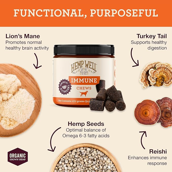 Hemp Well Immune - Digestion + Gut Support - Dog Soft Chews with Functional Mushrooms - 60 Count, Dog Supplements for Digestive and Skin Support