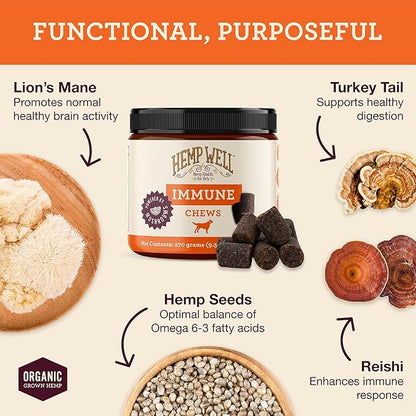 Hemp Well Immune - Digestion + Gut Support - Dog Soft Chews with Functional Mushrooms - 60 Count, Dog Supplements for Digestive and Skin Support