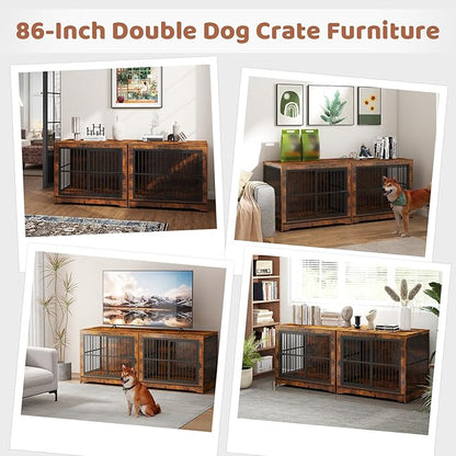 86 Inch Double Dog Crate Furniture with Divider, Large Dog Kennel Furniture for 2 Dogs with 4 Combination Forms, Brown Corner Dog Crate for Small Medium Large Dogs