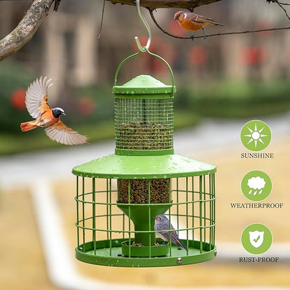 Caged Bird Feeders Squirrel-Proof, Metal, 2.8Lbs Capacity-Cage Tube Seed Feeders with Tray, Hanging Wild Bird Feeders, Attract Birds,Detachable Cleaning, Starling Proof Wild Bird Feeder（Green）