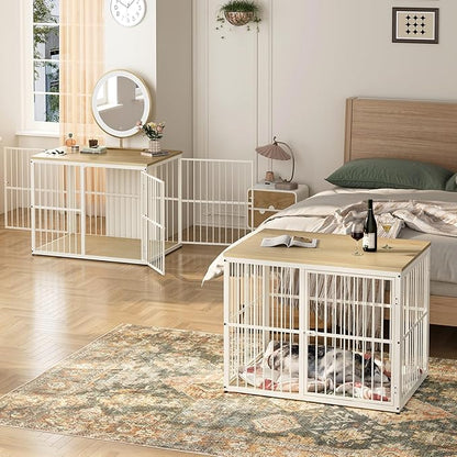 86.62'' Dog Crate Furniture Large Breed TV Stand with Double Rooms for 2 Large Medium Dogs, Wooden Indoor Kennel Crate Cage End Table with Removable Divider, Can Use Separately, Natural Beech