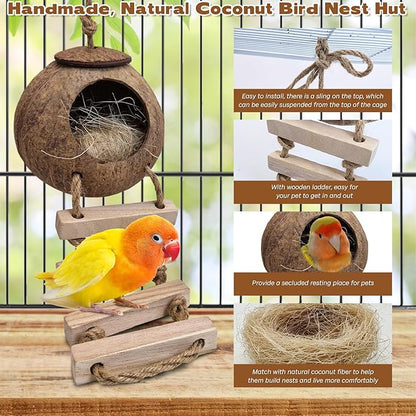 PINVNBY Coconut Bird Nest Hut with Ladder, Coconut Hide Lovebird House Hanging Toy for Budgies Parakeet Cockatiels Conure Canary Finch Pigeon (with Natural Coconut Fiber)