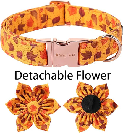 ARING PET Fall Dog Collar-Cotton Maple Leaves Dog Collar with Flower, Adjustable Autumn Leaves Dog Collars Pet Necklace with Metal Buckle for Girl&Boy Dogs