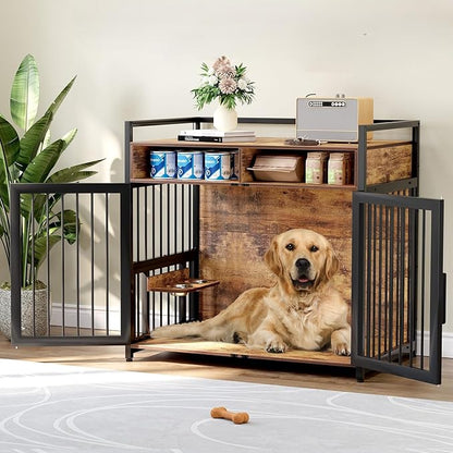 41 Inch Large Dog Crate Furniture for Large Dogs, Heavy Duty Kennel with 2 Drawers Storage, 360° Adjustable Raised Feeder, Wooden Dog Cage Indoor House End Table for Dogs