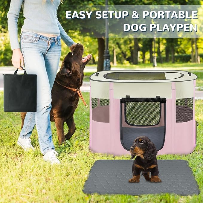 Portable Dog Playpen,Foldable Dog Cat Kennel Tent Cage,Dog Cat Rabbit Crates for Travel Water-Resistant Breathable Shade Cover,Indoor Outdoor Travel Camping Use for Small Puppy Pet Pink L