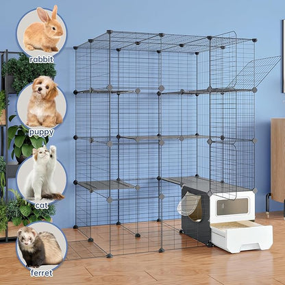 Oneluck Cat Cage with Litter Box, Large 4-Tier DIY Enclosures Detachable Metal Wire Kennel Indoor Crate Exercise Place Ideal for 1-3 Cats