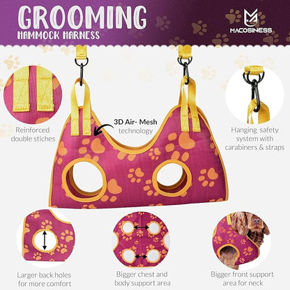 Pet Grooming Hammock for Nail Trimming - Complete Groomers Helper Set for Pet - Dog Grooming Hammock with Hook - Cat Nail Clipper - Dog Hammock for Nail Clipping (L, Purple with Gold Paws)