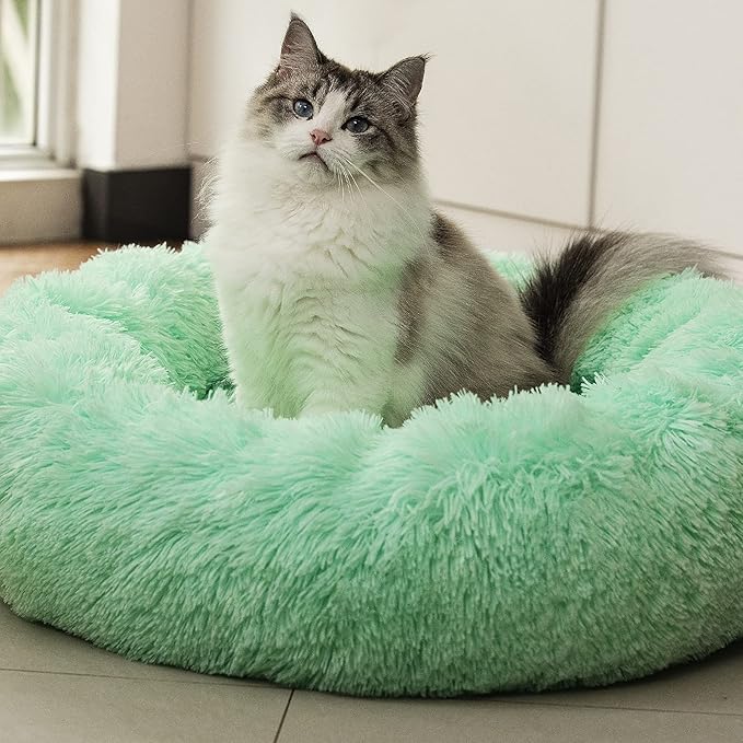 Anti Anxiety Round Fluffy Plush Faux Fur Warm Washable Dog Bed & Cat Bed, Original Bed for Small Medium Large Pets,Used to Relieve Joints and Improve Sleepï¼20"/24"/27''ï¼ (24", Light Green)