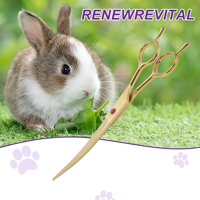 Dog Grooming Scissors, with Ergonomic Handle, Pill Popper for Cats, Upper Bend Shears, Stainless Steel Curved Shears for Dogs Cats, Gold Tone, 7.5inch