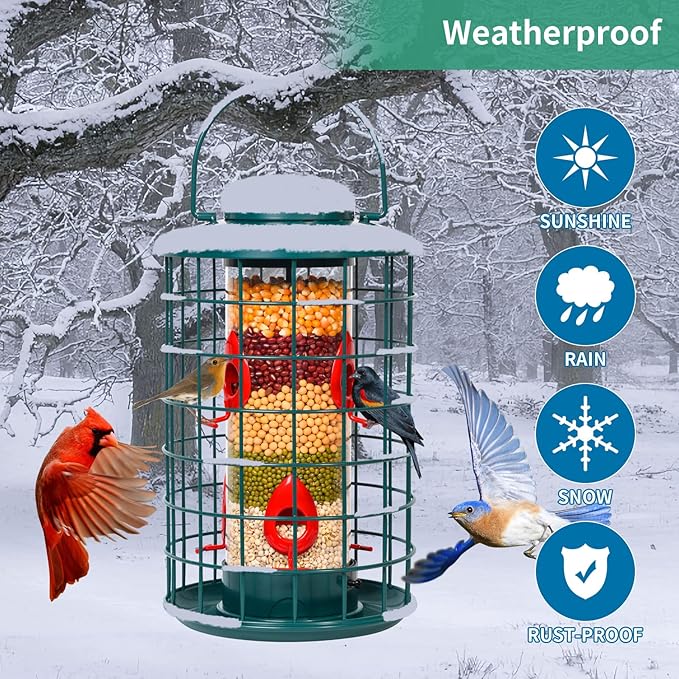 Caged Bird Feeder for Wild Birds Outside, Large Squirrel-Proof Heavy-Duty Metal Hanging Tube Bird Feeder, 4 Feeding Ports, 13.2'' High, 3LB Seed Capacity (Green)