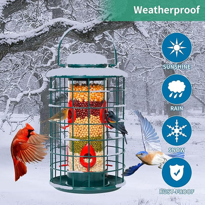 Caged Bird Feeder for Wild Birds Outside, Large Squirrel-Proof Heavy-Duty Metal Hanging Tube Bird Feeder, 4 Feeding Ports, 13.2'' High, 3LB Seed Capacity (Green)