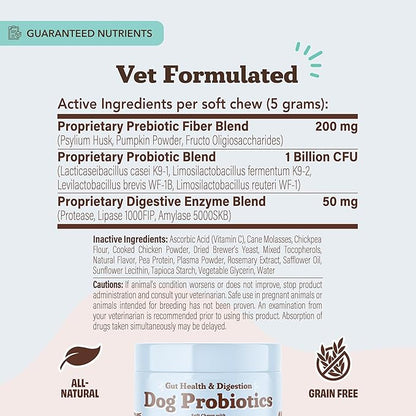 Natural Dog Company Gut Health & Canine Specific Probiotics Chews, 1 Daily Chew for All Dogs, Prebiotics & Digestive Enzymes for Digestion, Gas, Loose Stool, Immune System & Bowel Support