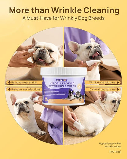 HICC PET Wrinkle Wipes for Dog & Cat, Cleaning Deodorizing Nourish Fur Coconut Oil Grooming Pet Wipes, Hypoallergenic - 100 Count