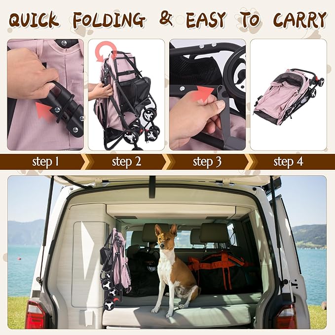 3 in 1 Dog Stroller, 4 Wheels Pet Stroller Dog Cat Stroller for Medium Small Dog Cats Up to 50lbs, Foldable Carrier Jogger Travel Puppy Stroller with Cup Holder & Breathable Mesh, Pink