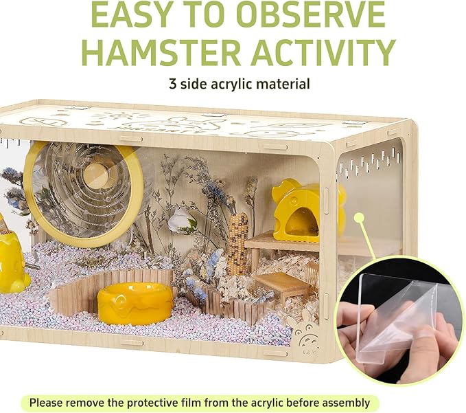 31.5 inch Wooden Hamster Cage, Large Habitat, Openable Top, Transparent Acrylic for Interior View, Ventilated, Easy to Clean, for Syrian Hamster, Dwarf Hamster, Gerbil, Other Small Pet Animals