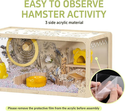 31.5 inch Wooden Hamster Cage, Large Habitat, Openable Top, Transparent Acrylic for Interior View, Ventilated, Easy to Clean, for Syrian Hamster, Dwarf Hamster, Gerbil, Other Small Pet Animals
