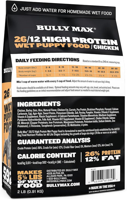 Bully Max Wet Puppy Food - Instant Fresh Dehydrated High Protein Soft Dog Food with Chicken - Healthy Growth for Small & Large Breed - 20 Dry Dog Food Pounds (Makes 55 lbs. Wet Dog Food, 10 Pouches)