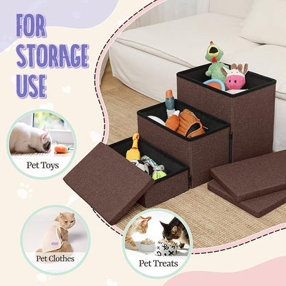 downluxe Dog Stairs for Small Dogs, Foldable Dog Steps for Bed, Sofa and Chair, Non-Slip Pet Steps with Cat Scratcher and Condo (3-Step Pet Stairs, Brown)