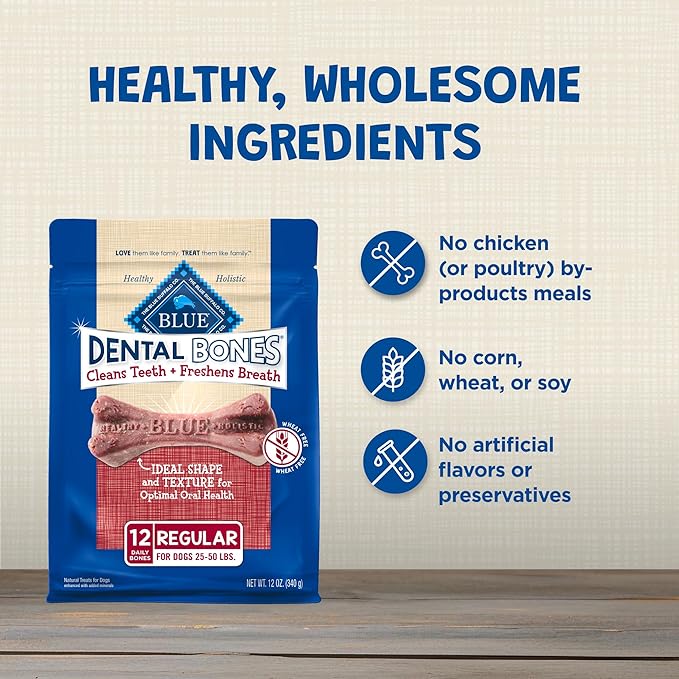 Blue Buffalo Dental Bones Regular Natural Dental Chew Dog Treats Bag, 12oz. Bag