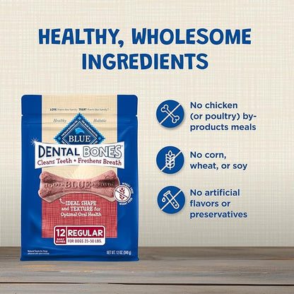 Blue Buffalo Dental Bones Regular Natural Dental Chew Dog Treats Bag, 12oz. Bag