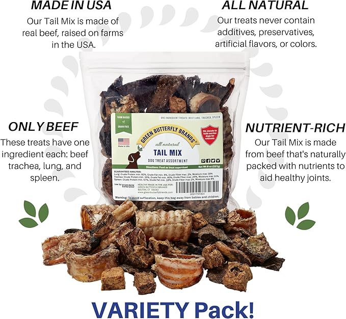 Tail Mix  Dog Treats Made in USA Only  All Natural Beef Bites  1 Ingredient Grain Free Assortment  Beef Lung, Trachea and Spleen  Dog Treats for Training, 8 Ounces
