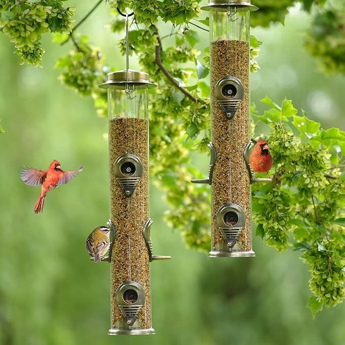 MIXXIDEA 1PK Metal Bird Feeders with 6 Feeding Ports,Tube Bird Feeder with Steel Hanger,Hard Plastic Wild Bird Feeder for Outdoors Hanging, Attracting Birds in Your Lawn, Garden, Balcony–Bronze