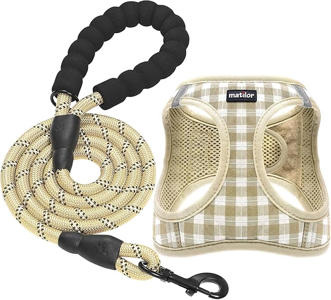 Dog Harness Step-in Breathable Puppy Cat Dog Vest Harnesses for Small Medium Dogs Beige Checkered