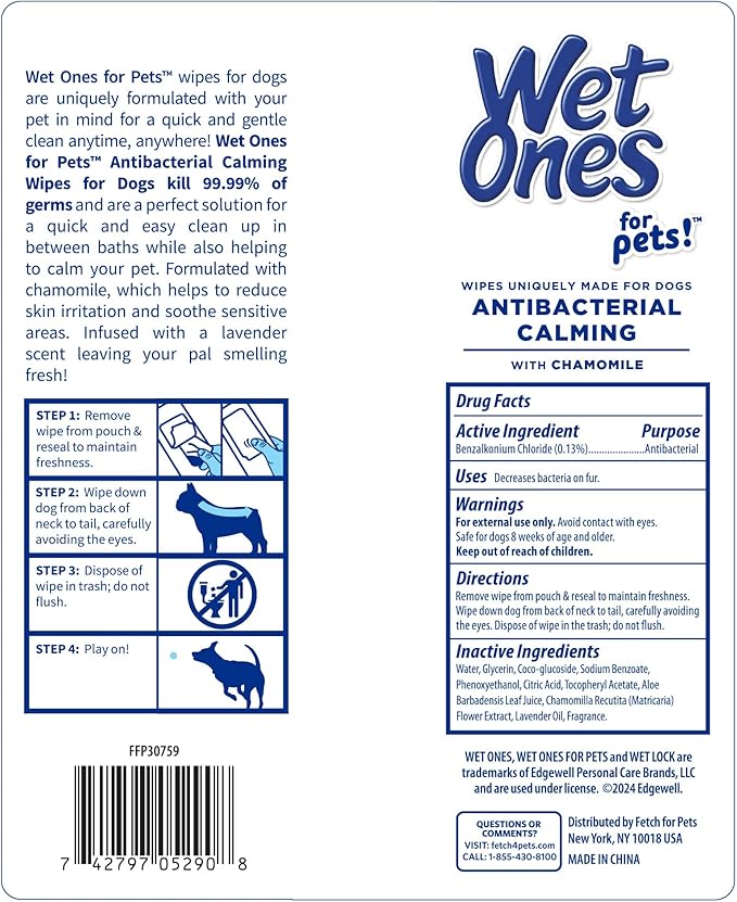 Wet Ones for Pets Antibacterial Calming Wipes with Chamomile, 30ct, Calming Lavender Scent | Dog Cleaning Wipes, Durable Disposable Dog Wipes for Paws, Scented Dog Wipes