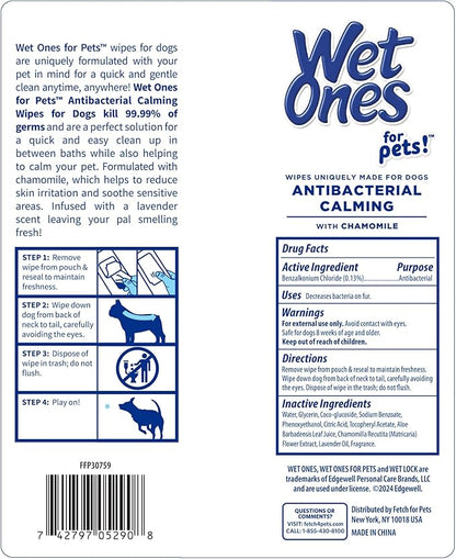 Wet Ones for Pets Antibacterial Calming Wipes with Chamomile, 30ct, Calming Lavender Scent | Dog Cleaning Wipes, Durable Disposable Dog Wipes for Paws, Scented Dog Wipes