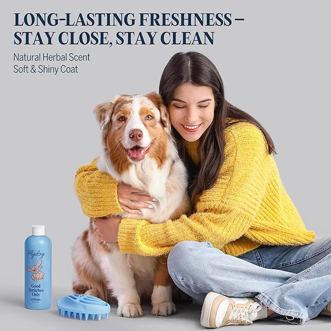 FLYDOG Dog Cat Shampoo with Brush: Natural Herbal Hypoallergenic Pet Shampoo, Deshedding Dandruff Control Deodorizing Moisturizing for Dry Flaky Smelly Skin, Perfect for Puppies Kittens