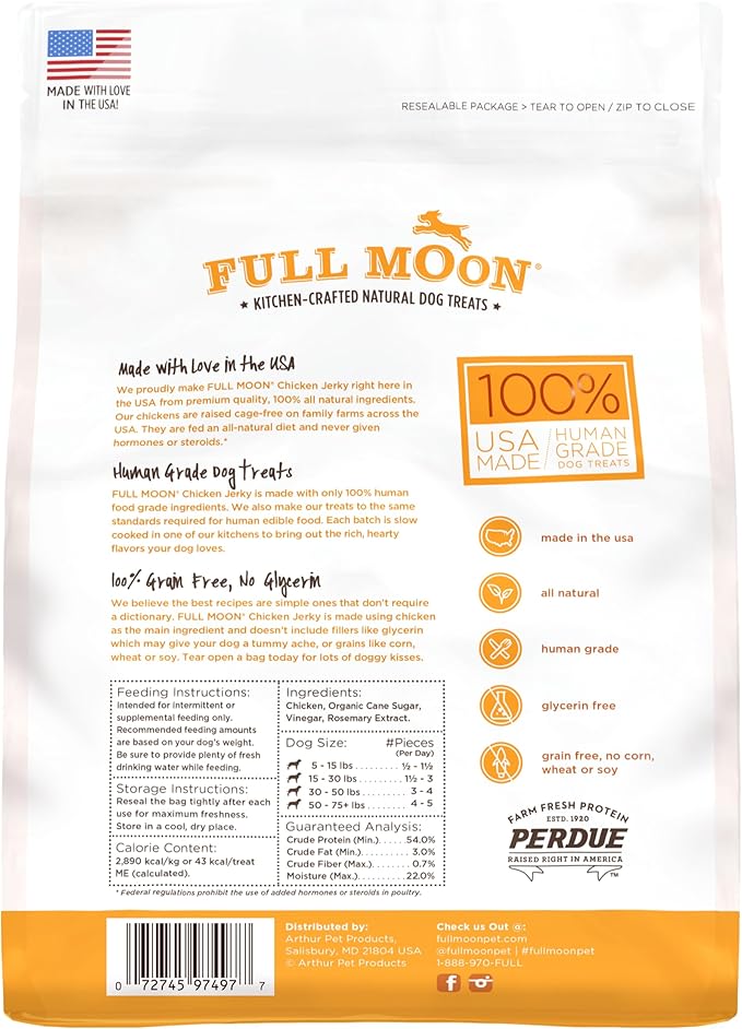 Full Moon Chicken Jerky Healthy All Natural Dog Treats Human Grade Made in USA Grain Free 12 oz