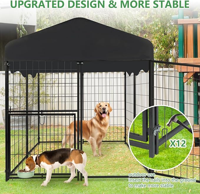 Dog Kennel Outdoor, Large Outside Dog Kennel with Rotating Feeding Door Outdoor Kennel with Roof, Dog Enclosures for Outside Metal Dog House with Cover Outside Dog Crate for Dogs, Rabbits, 2 Pack