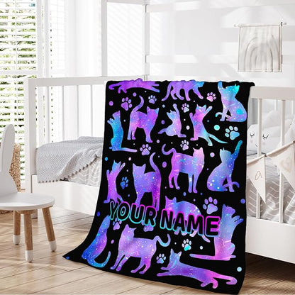 Personalized Cat Blanket Gift with Name for Girls Women Birthday, Soft & Cozy Animal Throw Blanket for Pets Babies Kids Cat Lovers, Custom 30x40 Inch Cute Fuzzy Throws for Lap Sofa Couch