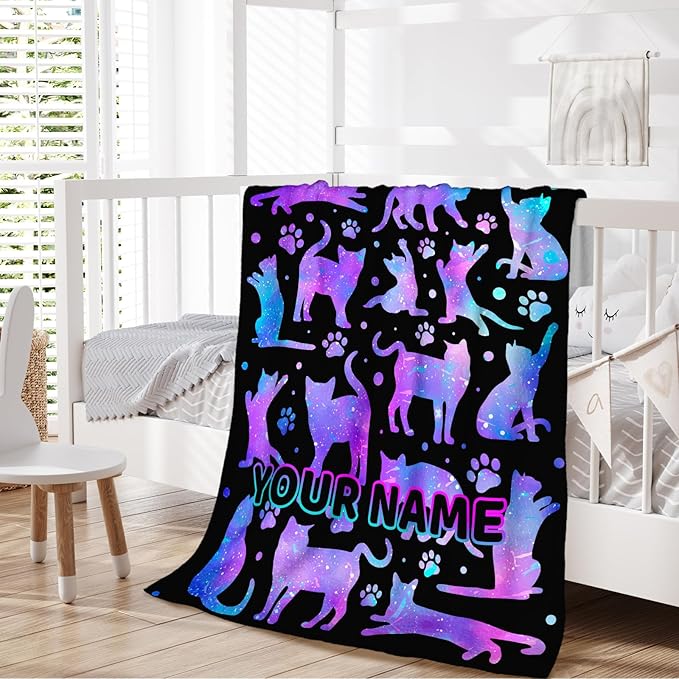 Personalized Cat Blanket Gift with Name for Girls Women Animal Lovers, Soft & Cozy Cat Throw Blanket for Kids Teens Adults, Custom 50x60 Inch Cute Fuzzy Throws for Sofa Couch Bed