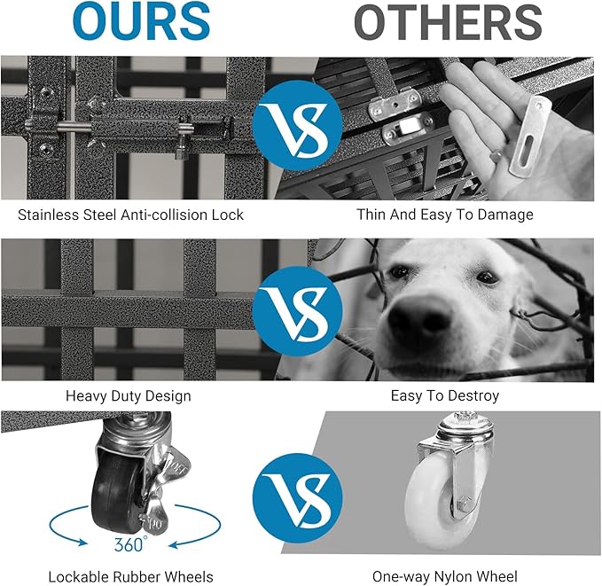 48 Inch Heavy Duty Dog Crate Kennel with Wheels, High Anxiety Indestructible Dog Crates for Large Dogs, XL XXL Extra Large Dog Crate with Removable Dog Cage Tray, Two Locks (Black, Square)