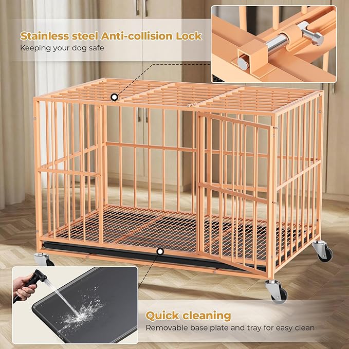 Orange 48 in Heavy Duty Dog Crate Steel Escape Proof, Indoor Double Door High Anxiety Cage, Removable Tray, Kennel with Wheels,XL XXL