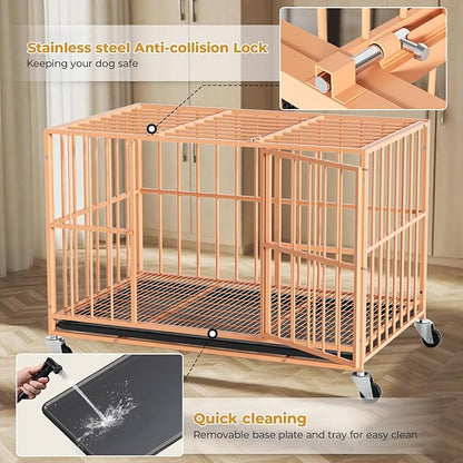 Orange 48 in Heavy Duty Dog Crate Steel Escape Proof, Indoor Double Door High Anxiety Cage, Removable Tray, Kennel with Wheels,XL XXL