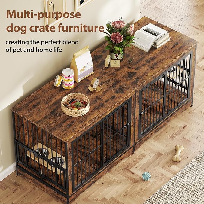 Rovibek 78 Double Dog Crate Furniture for 2 Large Dogs Indoor, Wooden Furniture Dog Crates with Dog Bowl, Dog Kennel Furniture TV Stand Large Breed Brown