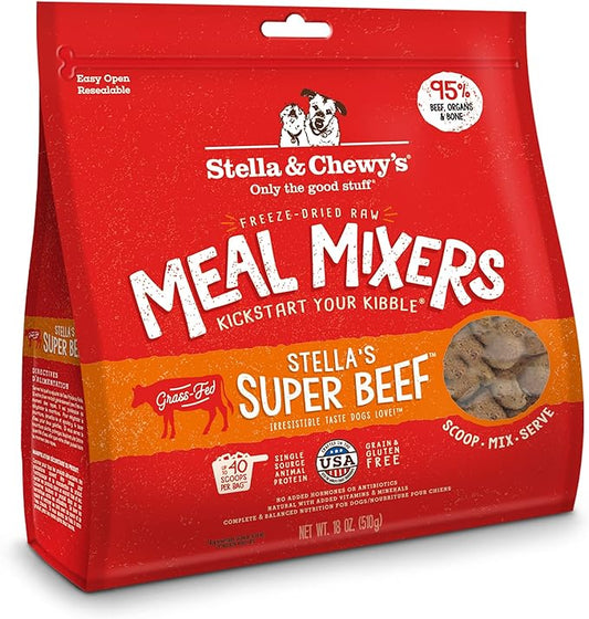 Stella & Chewy's Freeze Dried Raw Super Beef Meal Mixer  Dog Food Topper for Small & Large Breeds  Grain Free, Protein Rich Recipe  18 oz Bag