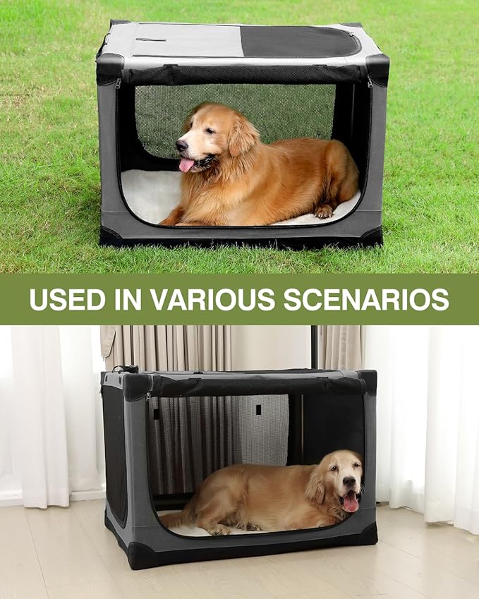 42-Inch Collapsible Travel Dog Crate, Portable 4-Door Soft Kennel for Medium to Large Dogs, Chew-Proof Mesh Windows, Indoor/Outdoor Use, Foldable, with Storage Bag (Grey)
