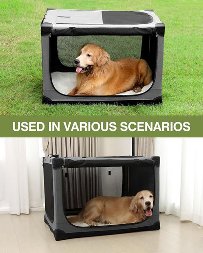 36-Inch Collapsible Travel Dog Crate, Portable 4-Door Soft Kennel for Medium to Large Dogs, Chew-Proof Mesh Windows, Indoor/Outdoor Use, Foldable, with Storage Bag (Grey)