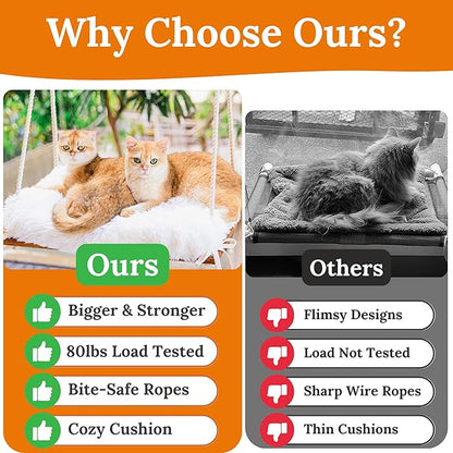 Cat Window Perch for Large Cats - Hammock Bed for Heavy Indoor Cats - Solid Wood Seat, 5 Strong Suction Cups, Soft Cushion - Rustic Shelf for Pets Inside